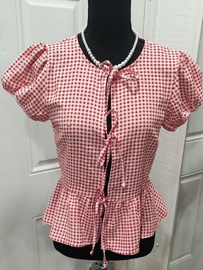 Red Gingham Tie-Front Peplum Top - Women